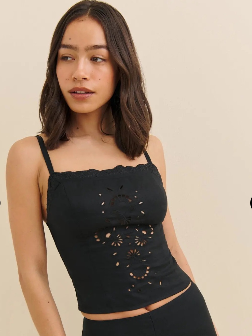 Reformation Eva Black linen open eyelet Square Neck Crop Tank Top size 6